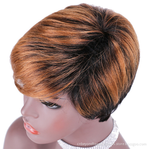 Brown Black Short Human Hair Wigs Pixie Cut Dark Root Ombre Natural Black Wigs with Bangs Wigs for Women